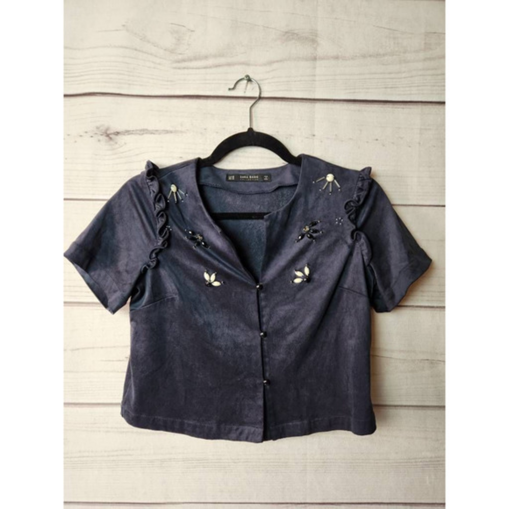 Zara Womens Button Up Shirt Navy Short Sleeve Stretch Embellished Ruffles‎ XS